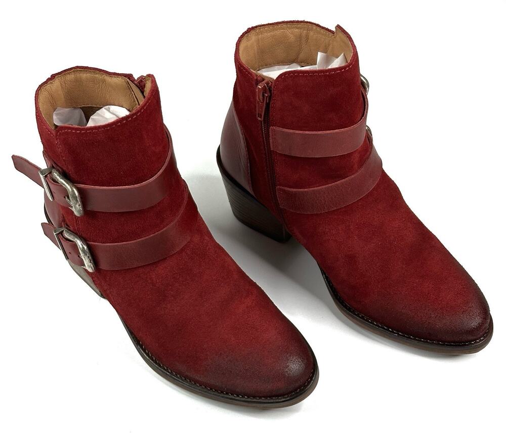 Miz Mooz Dayla Merlot Suede Ankle Boots Leather Straps Buckles Women's 37/6.5-7